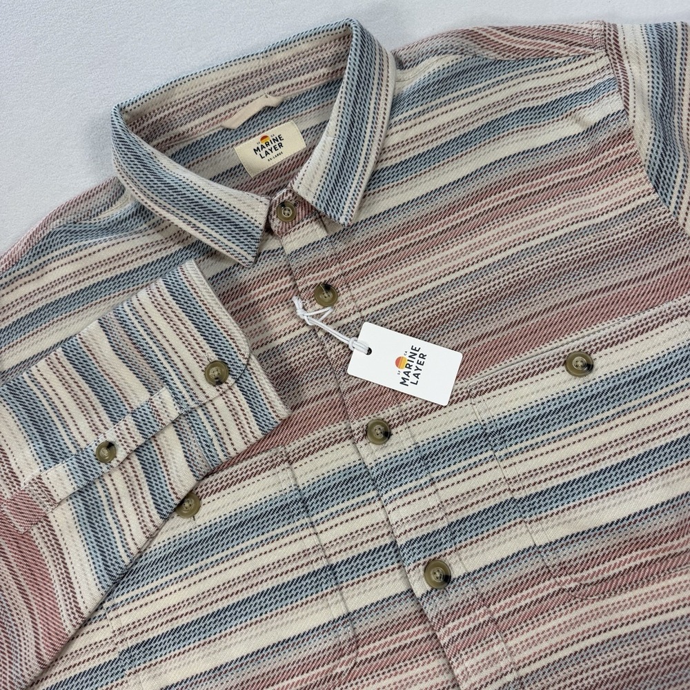 Marine Layer Pacifica Stretch Twill Shirt Warm Baja Stripe Mens‎ XXL NWT
